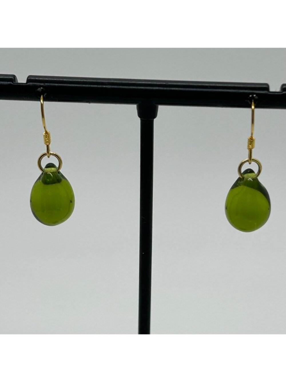 Handmade Green Teardrop Glass Earrings With Sterling Silver Wire Hooks For Women - Picture 3 of 15